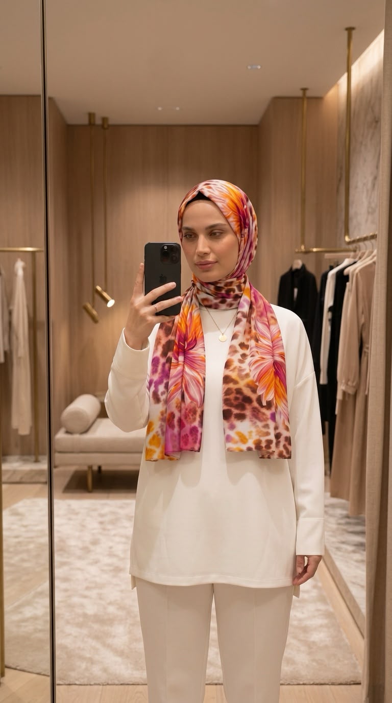 Pembe Turuncu Çiçek Desenli Viskon Saten Şal