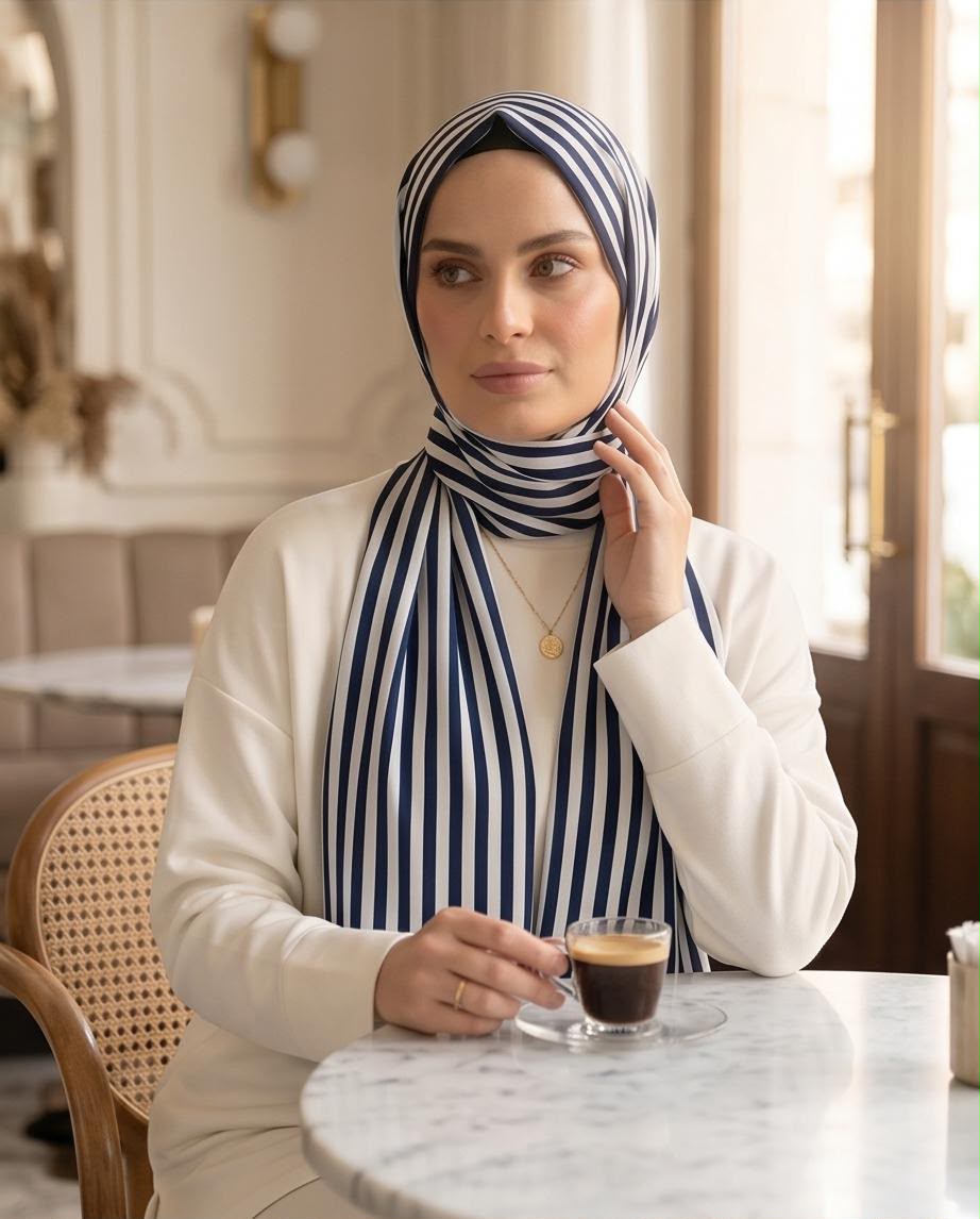 Lacivert Beyaz Çizgili Viskon Pamuk Şal