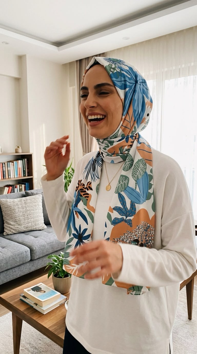 Mavi Yeşil Tropikal Desenli Viskon Şifon Şal